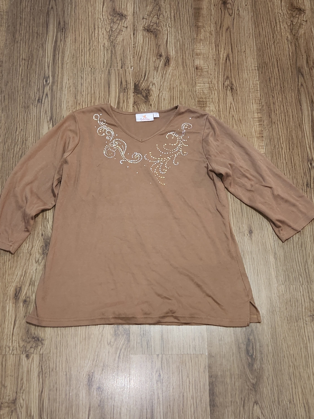 Women's Rhinestone V-Neck Long Sleeve Top in Tan